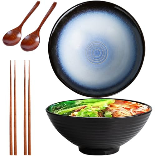 HIKENRI 1200ml Ramen Bowl,Noodle Bowl,RamenBowl Set of 2(RamenBowl with Ramen Spoons,Chopsticks),CeramicBowl for PastaBowl,Snack,Soup,SaladBowl,Cereal Food,LargeBowl(Black)