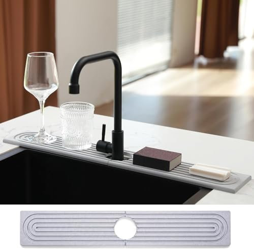 WIFORH Stone Faucet Mat for Kitchen Sink, 60cm Long Diatomite Fast Drying Solid Sink Tray, Diatomite Absorbent Mat, Tap Splash Guard for Bathroom Kitchen, 24 x 3.54 in(Light Grey)