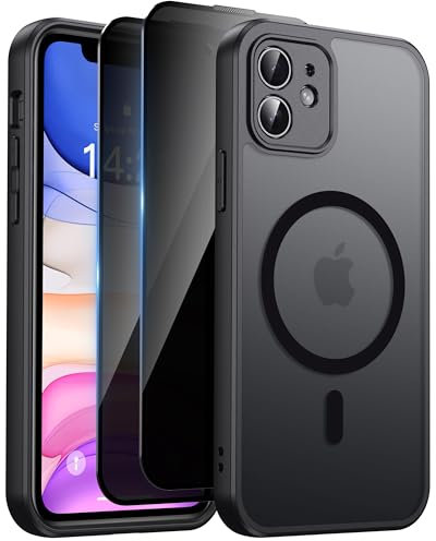 Aekyiwot Hülle für iPhone 11 Magnetische Handyhülle Kompatibel mit iPhone 11 MagSafe, mit 2 Schutzfolie Sichtschutz Privacy Schutz, Hülle mit Kameraschutz Stoßfest Kratzfest Schutzhülle, Schwarz