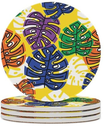 Mateju Monstera 4/6 Stück Untersetzer Gläser, Rund Keramik Untersetzer Coasters mit Korkboden, Abwaschbar Wiederverwendbare Coasters für Zuhause Restaurant Büro und Bar (Bunt,6 Stück)
