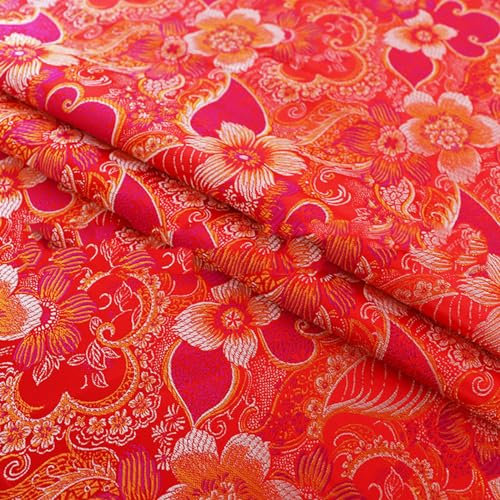 Tissu de satin au mètre, Costume artisanal 100 × 75 cm Brocart chinois Jacquard Vêtements rétro(Red)