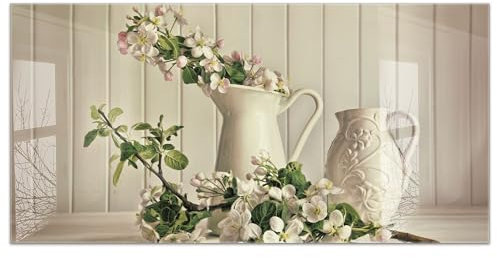timalo Küchenbild aus Acrylglas modernes Wandbild Glasbild Deko Küche XXL Bild wie Glas | 120x60cm Blütenzweige in Vintage-Krug – Blumen, Natur, Landhaus Blumenvase