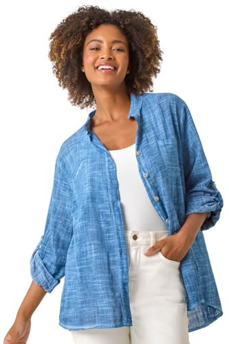 Roman Originals Shirt Top for Women UK Ladies Collarless Blouse Smart Tunic Button Through Longline Asymmetric Hem 3/4 Length Roll Up Sleeves V Neck Going Out - Plain Denim - Size M