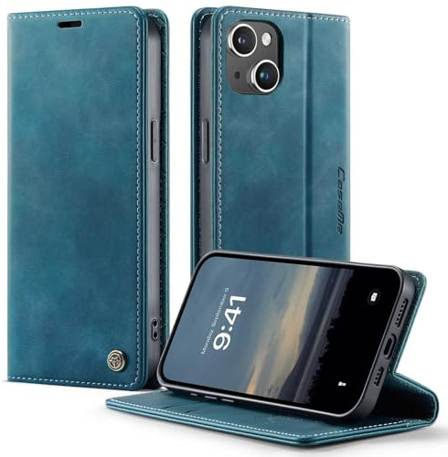 WenBaby CaseMe Handyhülle für iPhone 13 Mini Hülle Premium Nubukleder PU Lederhülle Klapphülle【RFID Schutz】 Kartenfach Standfunktion Schutzhülle Flip Case Wallet Tasche Cover,Blaugrün