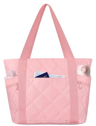 Outplea 16L Small Tote Bag for Women, Multipockets Modern 15.6 Laptop Work Bag, Quilted Puffer Handbags Carry On Bags for Beach Commute, Pink