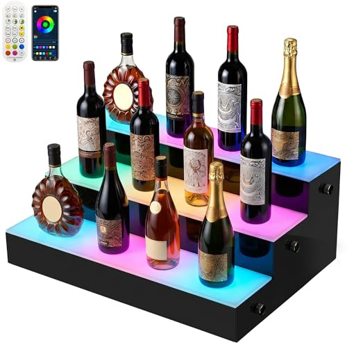 Acryvic LED Lighted Liquor Bottle Display Shelf, 3 Tiers 15.7 Acrylic Alcohol Whiskey Rack with RF Remote for Home Bar, 255 Modes 16Static Colors 1-3H Timing, Lighted Shelf for 15 Bottles