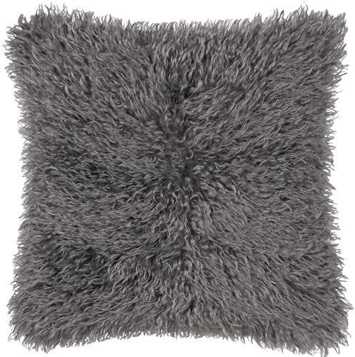 furn. Rowan Feather Filled Cushion – Soft Faux Fur Mongolian Style Decorative Cushion with Velvet Reverse (Grey - 50x50cm)