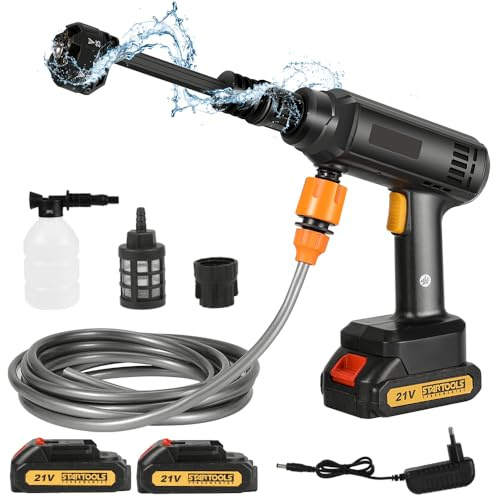 Akku Hochdruckreiniger 21V 60 bar, Tragbarer Druckreiniger Pistole mit 2 x 3.0 Ah Akku, 6-in-1 Verstellbare Düse, Schaumsprüher, 5m Schlauch, Hydroblast für Pet, Gärten, Auto, Boden