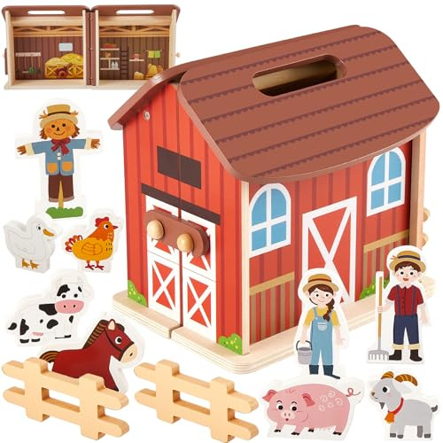 HERSITY Bauernhof Spielzeug Kinder Holz, Bauernhoftiere Set Holzspielzeug | Bauernhaus Spielzeug zum Auf- und Zuklappen mit Griff, Bauernhoftiere Holz Spiele, Geschenk für Mädchen Jungen 3 4 5 Jahren