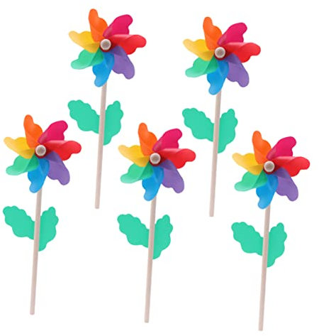 Vaguelly Wooden Pinwheel Windmill Decor Rainbow 5pcs Garden Outdoor Photo Props Party Decorations for Boys and Girls