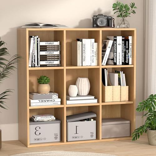 NewBeth Bücherschrank mit 9 Würfeln, Holz Würfelregal Standregal | für Wohnzimmer, Schlafzimmer, Kinderzimmer, Homeoffice (Eichefarben, 9 Fächern（35T x 107,6B x 107,6H cm）)