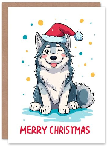 Artery8 Christmas Card Cute Happy Cartoon Wolf Wearing Santa Hat