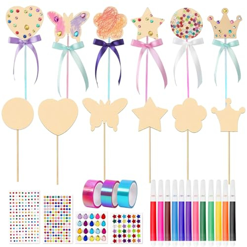 XDGBGFN Lot de 12 baguettes magiques en bois - Kit DIY pour princesse avec 12 crayons de couleur aquarelle, 3 rouleaux de ruban adhésif, 3 autocollants pour cadeaux, anniversaire, fêtes et loisirs