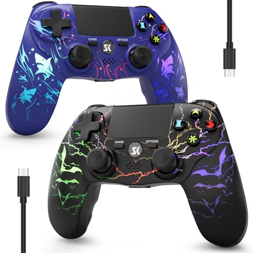CHENGDAO 2er-Pack Controller für PS4/Pro/Slim,6-Achsen/Doppelte Vibration | mit einstellbarer RGB/3,5-mm-Audio-Buchse/LED Controller (Lila & Schwarz)
