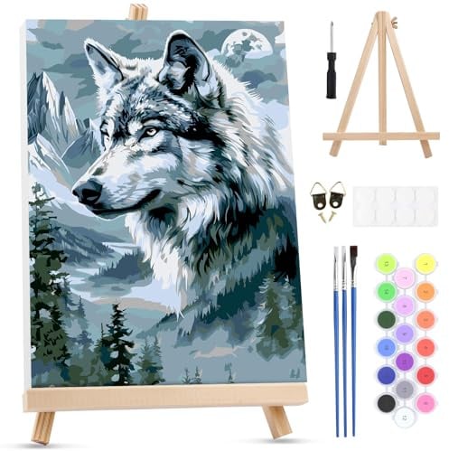 MXJSUA Peinture Numero Enfant Adulte avec Cadre, Montagnes Loup Numéro d'art avec Pinceaux, Loisirs Créatifs Adultes, Activité Manuelle Adulte, 20x30cm