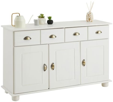 IDIMEX Buffet Salle à Manger Colmar en Bois L116 cm avec 3 Portes battantes et 2 tiroirs spacieux, poignées Coquille, Meuble de Rangement, Structure Robuste et Finition élégante, Blanc
