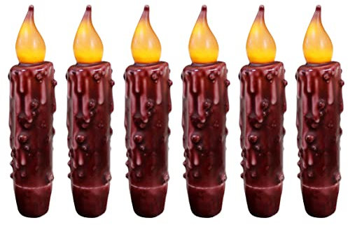 CVHOMEDECO. Real Wax Hand Dipped Battery Operated LED Timer Taper Candles Rustic Primitive Flameless Lights Décor, 4.75 Inch, Burgundy, 6 PCS in a Package