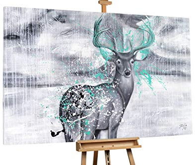 KunstLoft® XXL Gemälde 'Silberblick' 180x120cm | original handgemalte Bilder | Modern Hirsch Grau Türkis | Leinwand-Bild Ölgemälde einteilig groß | Modernes Kunst Ölbild