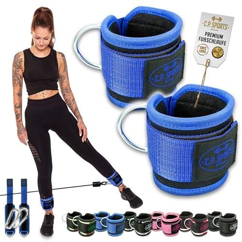 C.P.Sports Fußschlaufen Handschlaufen 2er Set | 2 Stück Nylon Kickback Straps gepolstert | Schlaufen Manschetten + 2x Karabiner für Kabelzug Seilzug Bodybuilding Kraftsport Fitness Gym (blau)
