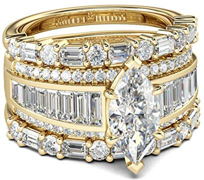 Jeulia 3Pcs Ensemble de Bagues de Fiançailles en Argent Sterling Or Jaune Bagues Vintage Coupe Marquise Femmes Anniversaire Mariage Engagement (1Or Jaune, 50)