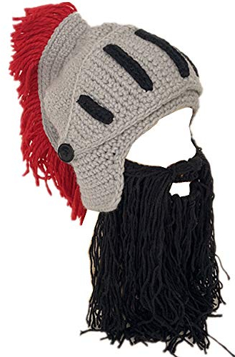 YEKEYI Lustige Ritterhelm Beanie mit Bart Mütze Handgemachte Strickmütze Winter Dicke Kappe Oktopus Hut Halloween Cosplay Skimaske, 05schwarz, Einheitsgröße