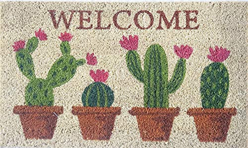Paillasson d'Extérieur en Fibre de Coco avec Base Antidérapante en PVC, Tapis d'Extérieur Peint à la Main Facile à Nettoyer et Ultra-Résistant, Paillasson d'Entrée, Cactus en Fleur 70x40 cm