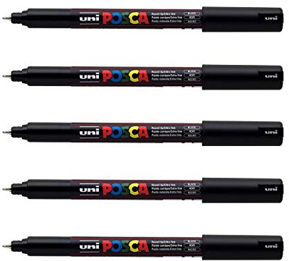 POSCA - Uni Mitsubishi Pencil - 5 Marqueurs Noir PC1MR Pointe Extra Fine Calibrée 0,7 mm - Marqueur Peinture À Base d'Eau - Tout Support - Pour Papier, Textile, Verre, Galet, etc.