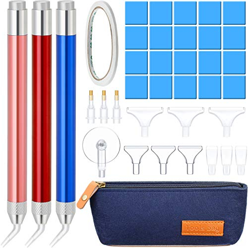 5D Diamant Malerei Bohrstifte Kit aus Leichten Aluminium Legierung, Einschließlich 3 LED Diamant Malerei Stift, Aufbewahrungstasche, 16 Ersatz Stiftköpfen, 20 Stück Malkleber Lehm