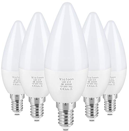 Vicloon E14 LED Kerze Lampe,5er Pack 5.5W LED Kerze Glühbirne, 6500K Kaltweiß, 500 Lumen, C37 LED Birne ersetzt 40W Halogenlampe, AC 165-265V, 270° Strahlwinkel, Nicht Dimmbar E14 Energiesparlampe