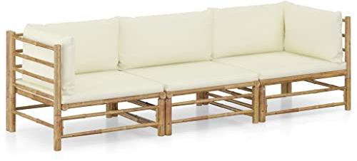 vidaXL Gartenmöbel 3-TLG. mit Cremeweißen Kissen Garten Garnitur Sitzgruppe Sofa Gartensofa Gartenset Sitzgarnitur Lounge Mittelsofa Ecksofa Bambus