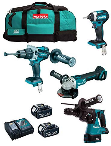 MAKITA Kit MK403 (Taladro Percutor DHP481 + Martillo DHR243 + Mini-Amoladora DGA504 + Atornillador de Impacto DTD154 + 2 Baterías de 5,0 Ah + Cargador + LXT600)