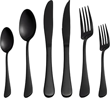 Selafun Set di posate da cucina, 24 pezzi, colore nero opaco, set di posate in acciaio inox opaco nero argenteria con placcatura in titanio, set di utensili da cucina, lavabile in lavastoviglie