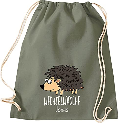 Shirtinstyle Kinder Turnbeutel, lustige Tiere Igel, Wechselwäsche mit Wunschtext, Kinder, Tiere Zoo Kindertag Beutel, Farbe Olive