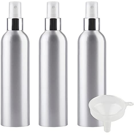 TIANZD 3 Pièces Portable Vide Flacon Aluminium 250 ml avec Bouchon Pompe Spray Blanc/Argent Vaporisateur Bouteille pour l'eau Parfum Cosmétique Cheveux Voyage Rechargeable, 1 Pièce Entonnoir