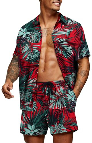 COOFANDY Herren Hawaiihemd Kurzarm Hemden Pflanzen Shirt Sommerhemd Funky Hemd und Shorts Strandhemd Set L
