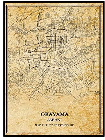 TANOKCRS Okayama Japan Vintage Karte Poster Kunstwerk Wandkunst Stadt Straße Karte Druck Reise Souvenir Geschenk Heimdekoration ungerahmt