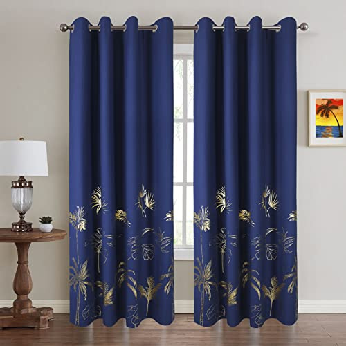 Chlophy - Rideaux occultants bleu marine pour chambre, rideaux à palmiers dorés, rideaux occultants à feuilles, rideaux bleu roi imprimés à feuilles, rideaux de luxe à œillets pour salon 117×137 cm