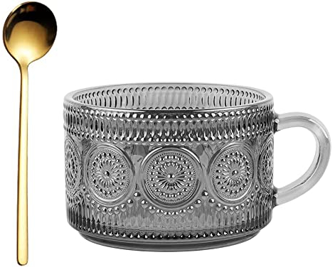 Tazze da caffè impilabili personalizzate da 396,9 g, con maniglia, tazze da caffè in rilievo vintage, per latte, espresso, bel regalo per Natale, anniversario e compleanno (girasole in rilievo grigio)