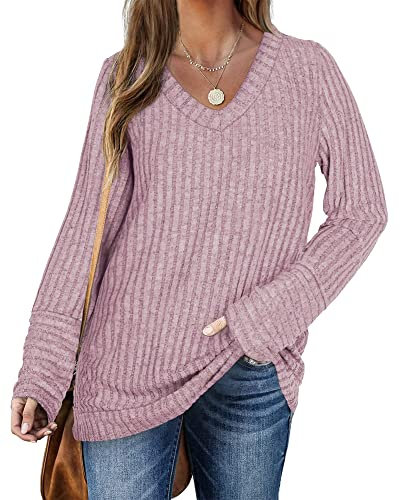 PLOKNRD Sweatshirt Femme Col en V Pulls à Manches Longues Décontractés Top Léger et Lâche Classique(Rose Clair,XL)