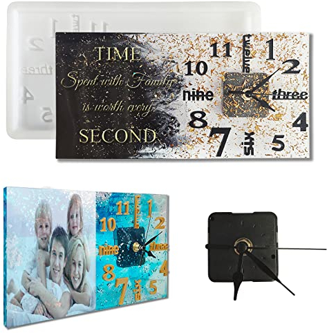 DIY Uhrenformen große Uhrenharzformen 3Darabische und englische Zahlen Personalisierungsuhr Silikonguss Epoxidharz Fotoständer für Heimdekoration 1 schwarzes Uhrwerk + 1 Silikonformen inklusive