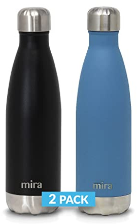 MIRA Isolierte Wasserflasche aus Edelstahl in Cola-Form, doppelwandige Heiß- und Kaltflasche (24 Stunden kalt/12 Stunden heiß), Schwarz und Hawaii-Blau, 2 Stück