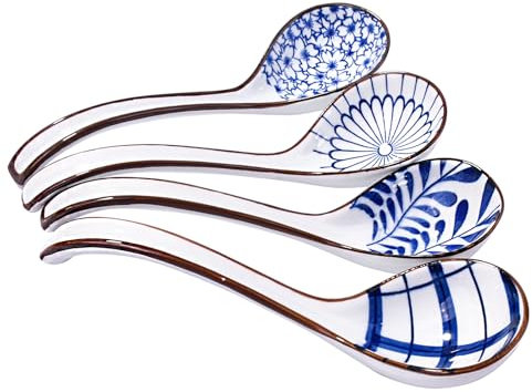 Asian Large Spoons set of 4 Japanese and Korean Ceramic Soup Spoons Ceramic Spoons with Long Handle Serving gravy, Soup Noodles, Wontons, Cream