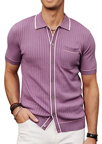 PJ PAUL JONES Herren-Strickhemden, Vintage-/Retro-Stil, kurzärmelig, Knopfleiste, Urlaub, Poloshirts, Violett, XL