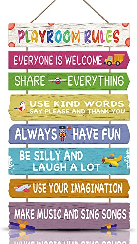 KAIRNE Playroom Rules Wood Sign Hanging Wall Art,Everyone is Welcome Inspirational Quotes Wall Decor for Kids Room,Colorful Rainbow Color Wooden Plaque for Childrens Bedroom Decoration