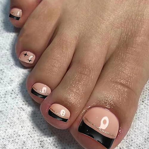 AKOFIC 24 Stück Fußnägel Zum Aufkleben Kurz, French Künstliche Fussnägel Selbstklebend, Ballerina Falsche Zehennägel Schwarz Rosa Glitzer Design mit Klebepads für Frauen Mädchen
