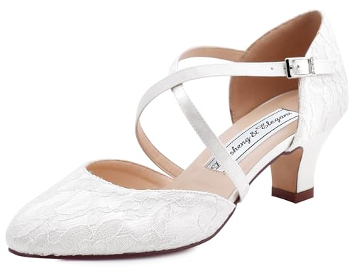 Duosheng & Elegant Geschlossene Zehen HC1920 Kreuz Bände Brautschuhe Schnalle für Damen Absatz Hochzeit Braut Spitze Schuhe mit Lace Ivory Gr. 40