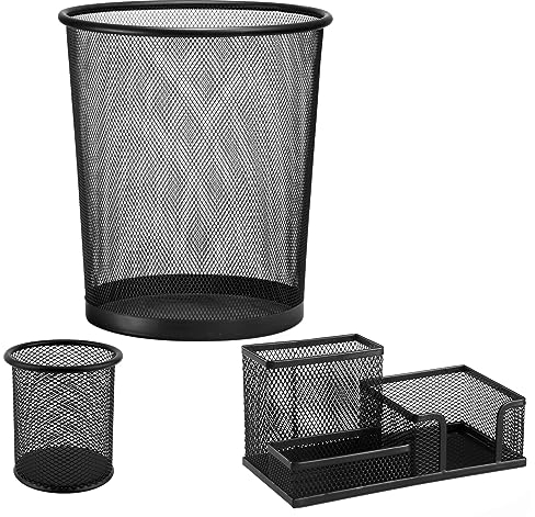 D.RECT Büroset 3030, Papierkorb aus Drahtgeflecht Draht Mesh, Metall Stifteköcher, Stiftehalter rund aus Drahtmetall, Schreibtisch Organizer, Stiftehalter Schreibtisch, Büroablage, Schwarz