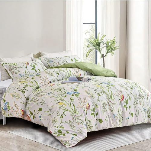 DXHOME Bettwäsche Blumen 135x200 4teilig Grün Weiß Blumenmuster Atmungsaktiv Weiche Microfaser Bettwäsche Set Floral Aesthetic Bettbezüge mit Reißverschluss und 2 Kissenbezüge 80 × 80 cm