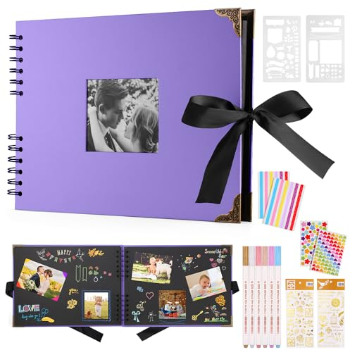 DazSpirit Fotoalbum 29,5 X 21cm Fotoalbum Zum Selbstgestalten Schwarz Fotobuch Mit 80 Seiten Scrapbook, Für 160 Bilder, Inkl.6 Metallic Farbmarker, Gästebuch Für Geburtstag Und Hochzeit(Violett)