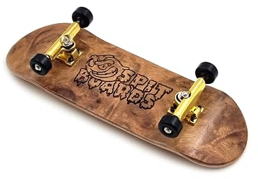 SPITBOARDS 32mm Fingerboard Complete Real Wood Set-Up (Pre-Assembled, 5-Layers), Trucks with Lock-Nuts, Bearing Wheels, Foam Grip Tape, (Deck: burl Wood, Trucks: Gold, Wheels: Black)